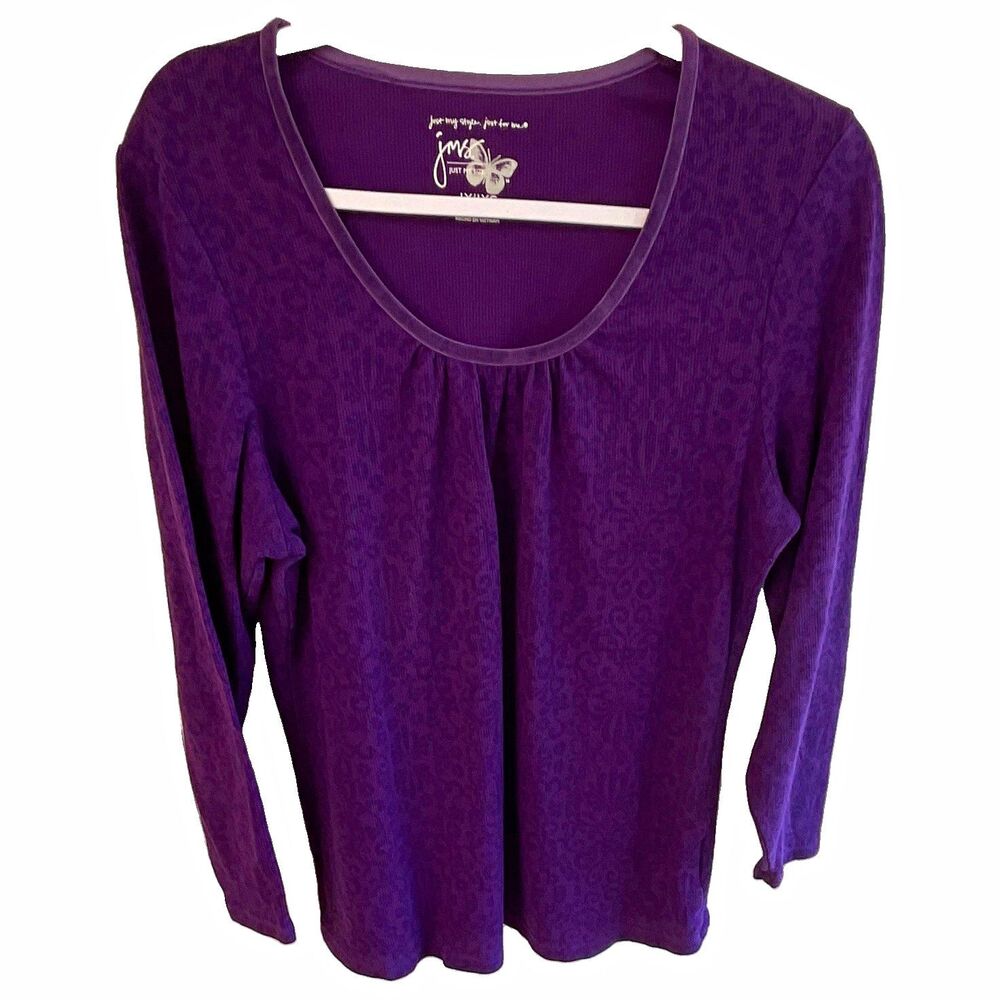 Just My Size Women’s 1X Plus Purple Animal Print Knit Scoop Neck 3/4 Top